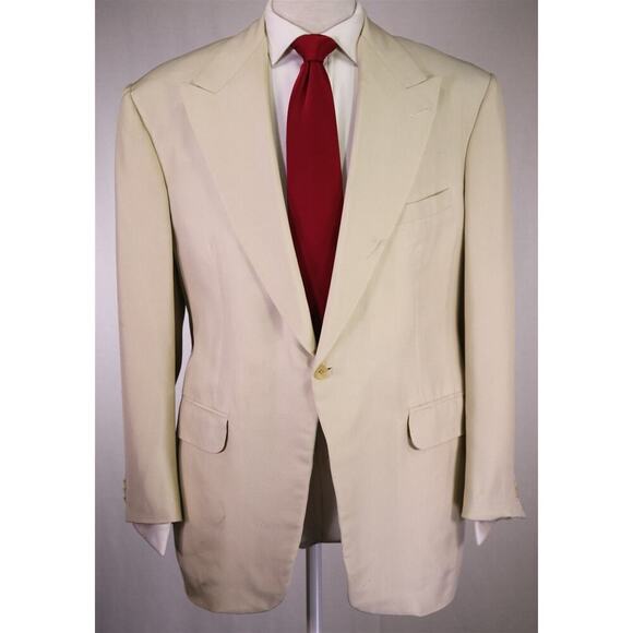 Alan Flusser Full Bespoke w/ Hermes Lining Beige Raw Silk Peak Lapel Suit 46R - Picture 2 of 16